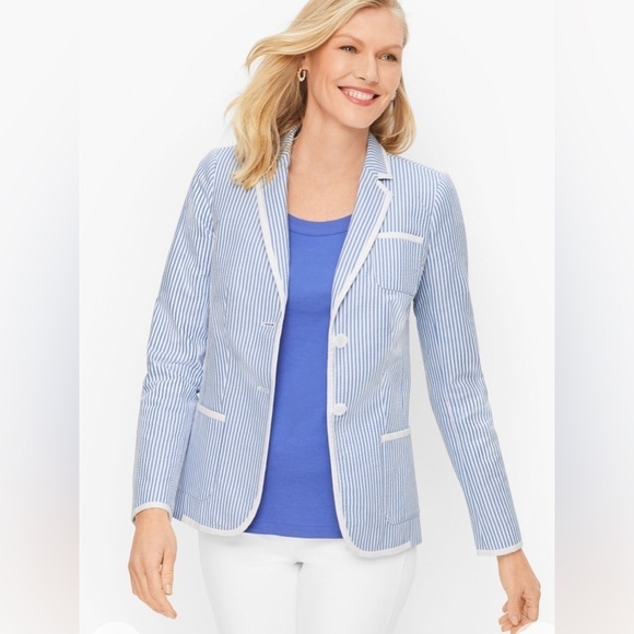 Talbots Summer Blazer Striped Seersucker Cotton Blue White Coastal Preppy NEW - Picture 1 of 14